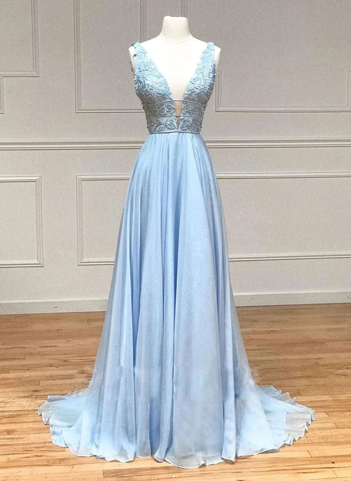 Light Blue Chiffon with Lace A-line Prom Dress, Light Blue Evening Dress TP1016