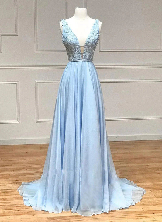 Light Blue Chiffon with Lace A-line Prom Dress, Light Blue Evening Dress TP1016
