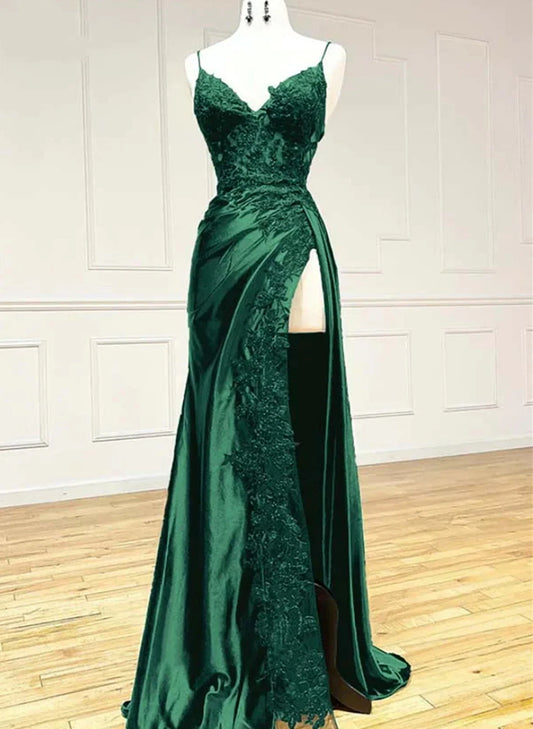 Dark Green Satin with Lace Long Party Dress, Green Straps Prom Dress TP1019