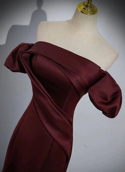 Charming Maroon Satin Mermaid Off Shoulder Prom Dress, Maroon Party Dress TP1020