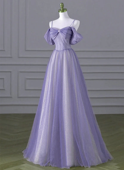 Lovely A-line Light Purple Tulle Beaded Long Party Dress, Light Purple Prom Dress TP1023