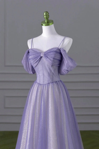 Lovely A-line Light Purple Tulle Beaded Long Party Dress, Light Purple Prom Dress TP1023