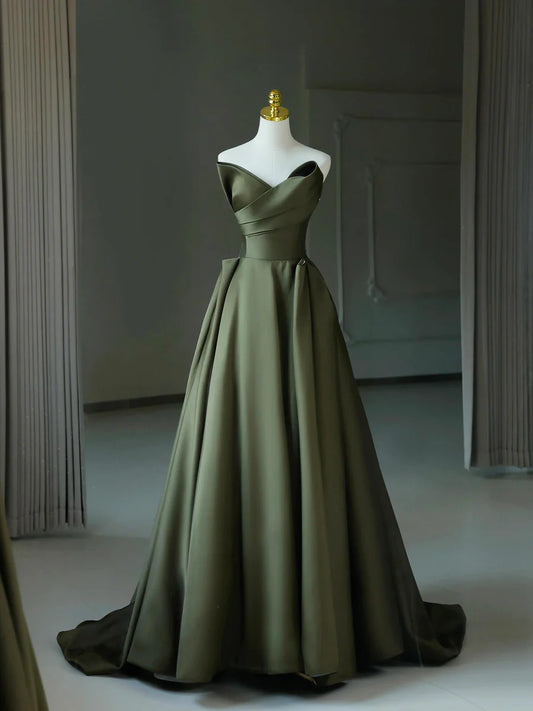 Dark Green Satin V-Neck Long Prom Dress, A-Line Strapless Evening Party Dress TP103