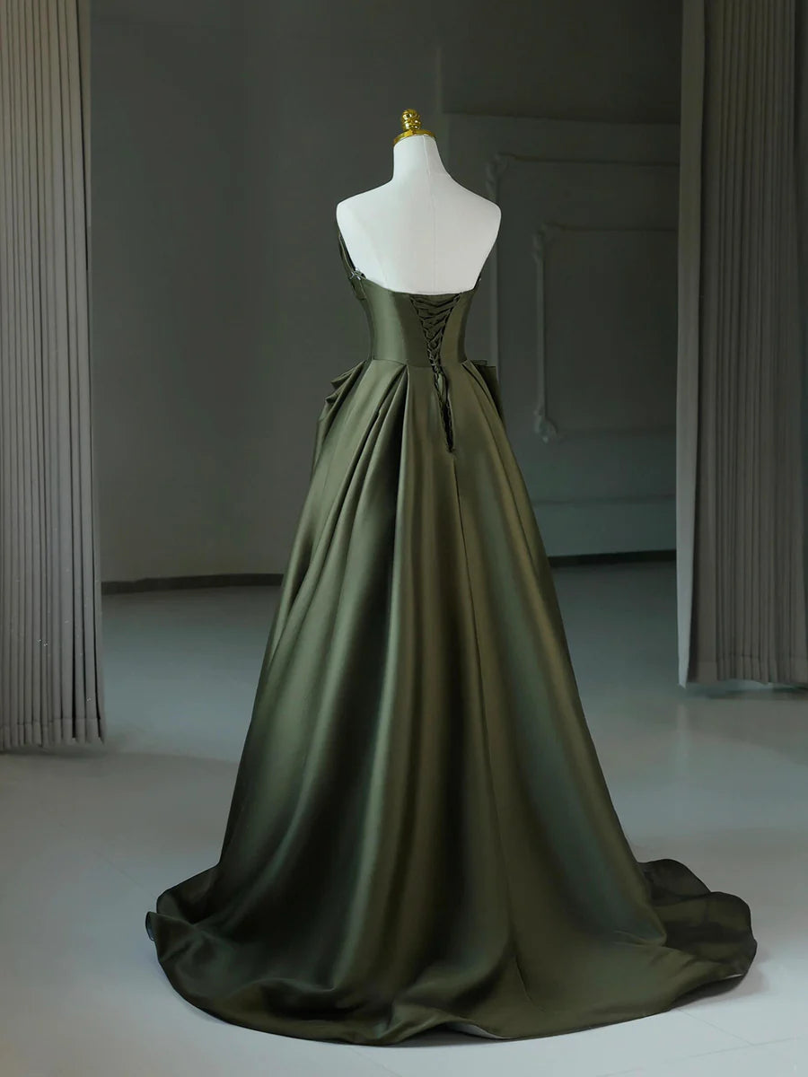 Dark Green Satin V-Neck Long Prom Dress, A-Line Strapless Evening Party Dress TP103