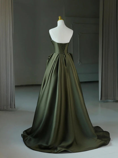 Dark Green Satin V-Neck Long Prom Dress, A-Line Strapless Evening Party Dress TP103