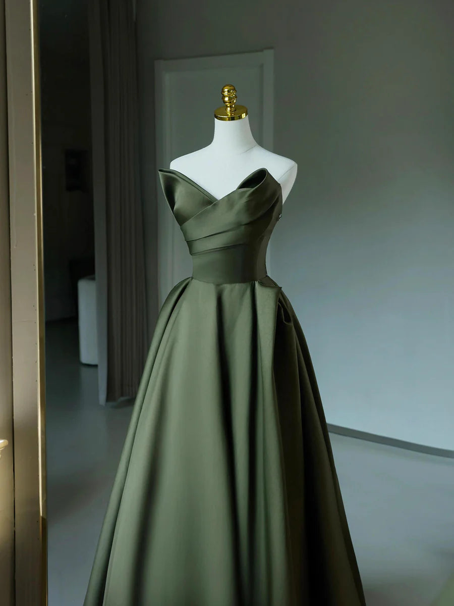 Dark Green Satin V-Neck Long Prom Dress, A-Line Strapless Evening Party Dress TP103