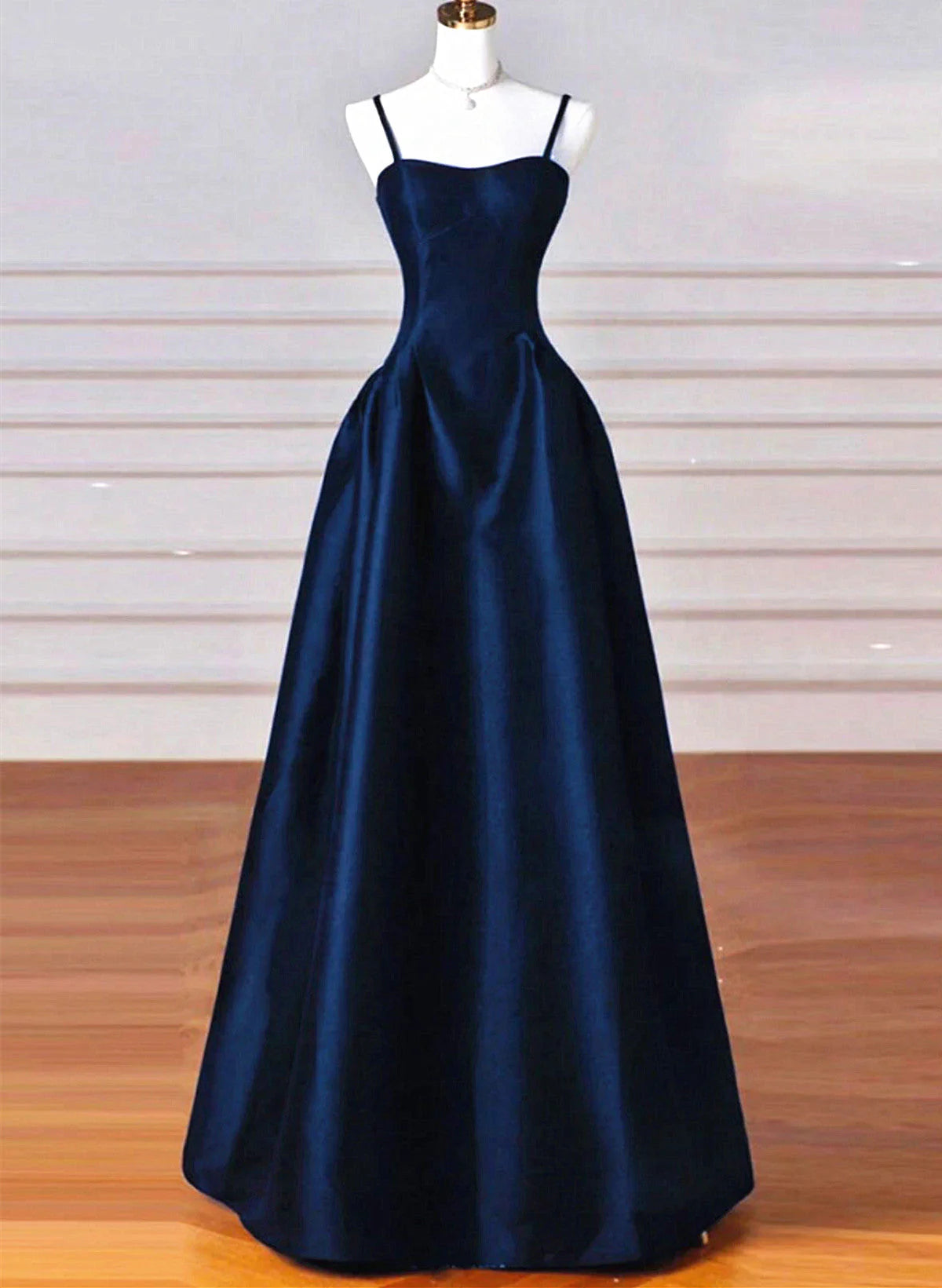 Retro A-Line Navy Blue Satin Spaghetti Straps Long Formal Dress Prom Dress Evening Dress TP1030