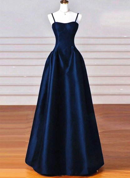 Retro A-Line Navy Blue Satin Spaghetti Straps Long Formal Dress Prom Dress Evening Dress TP1030