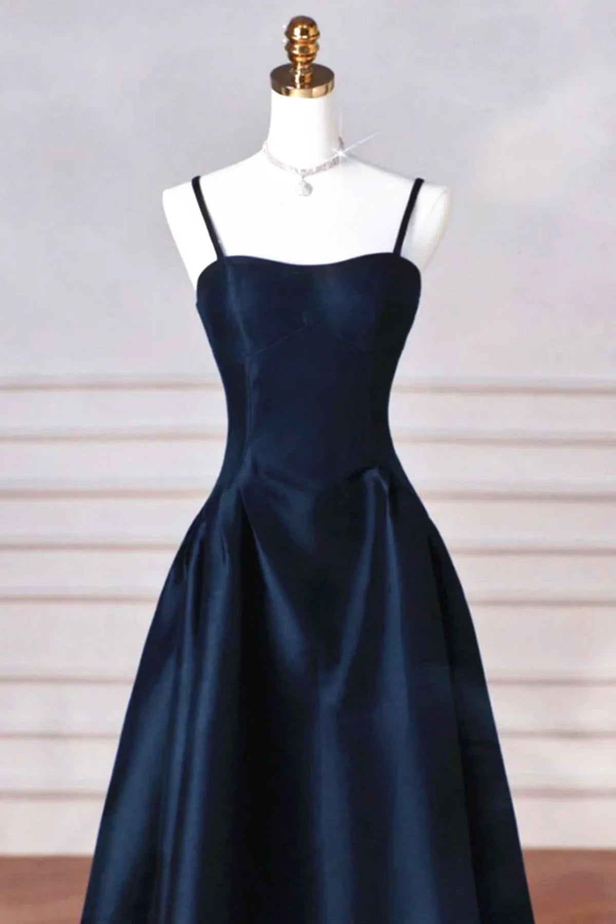 Retro A-Line Navy Blue Satin Spaghetti Straps Long Formal Dress Prom Dress Evening Dress TP1030