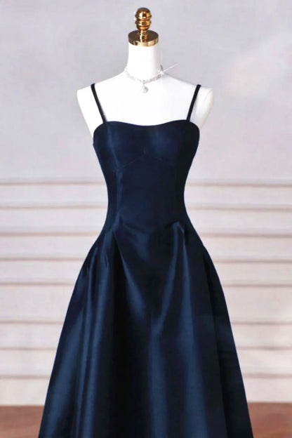 Retro A-Line Navy Blue Satin Spaghetti Straps Long Formal Dress Prom Dress Evening Dress TP1030