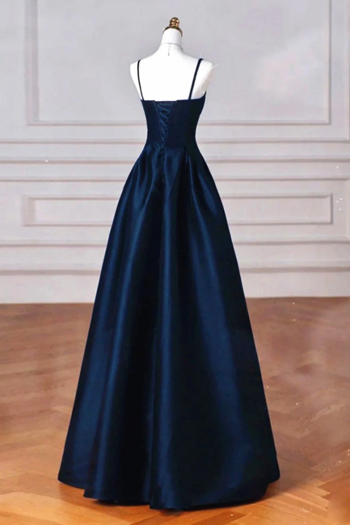 Retro A-Line Navy Blue Satin Spaghetti Straps Long Formal Dress Prom Dress Evening Dress TP1030