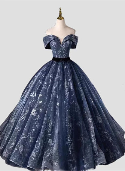 Retro Navy Blue Sweetheart Off-the-shoulder Quinceanera A-Line Long Formal Dress Sweet 16 Ball Gown TP1033