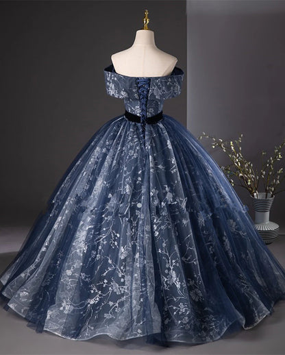 Retro Navy Blue Sweetheart Off-the-shoulder Quinceanera A-Line Long Formal Dress Sweet 16 Ball Gown TP1033