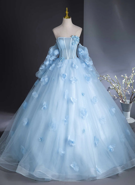 Cute Blue Tulle With Flowers Long Formal Dress, Blue Evening Gown Sweet 16 Dress TP1045