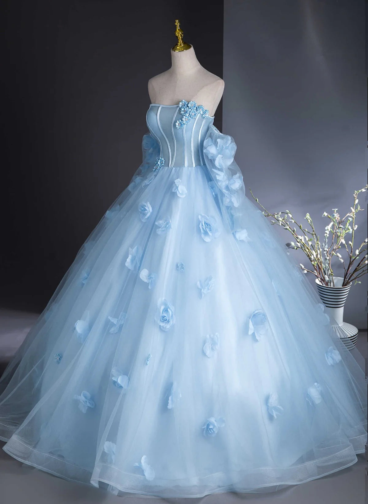 Cute Blue Tulle With Flowers Long Formal Dress, Blue Evening Gown Sweet 16 Dress TP1045