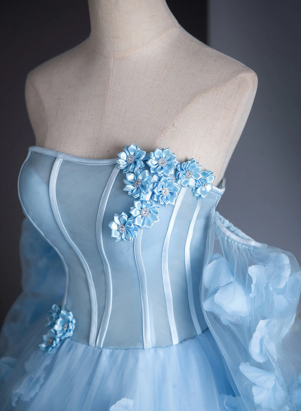 Cute Blue Tulle With Flowers Long Formal Dress, Blue Evening Gown Sweet 16 Dress TP1045