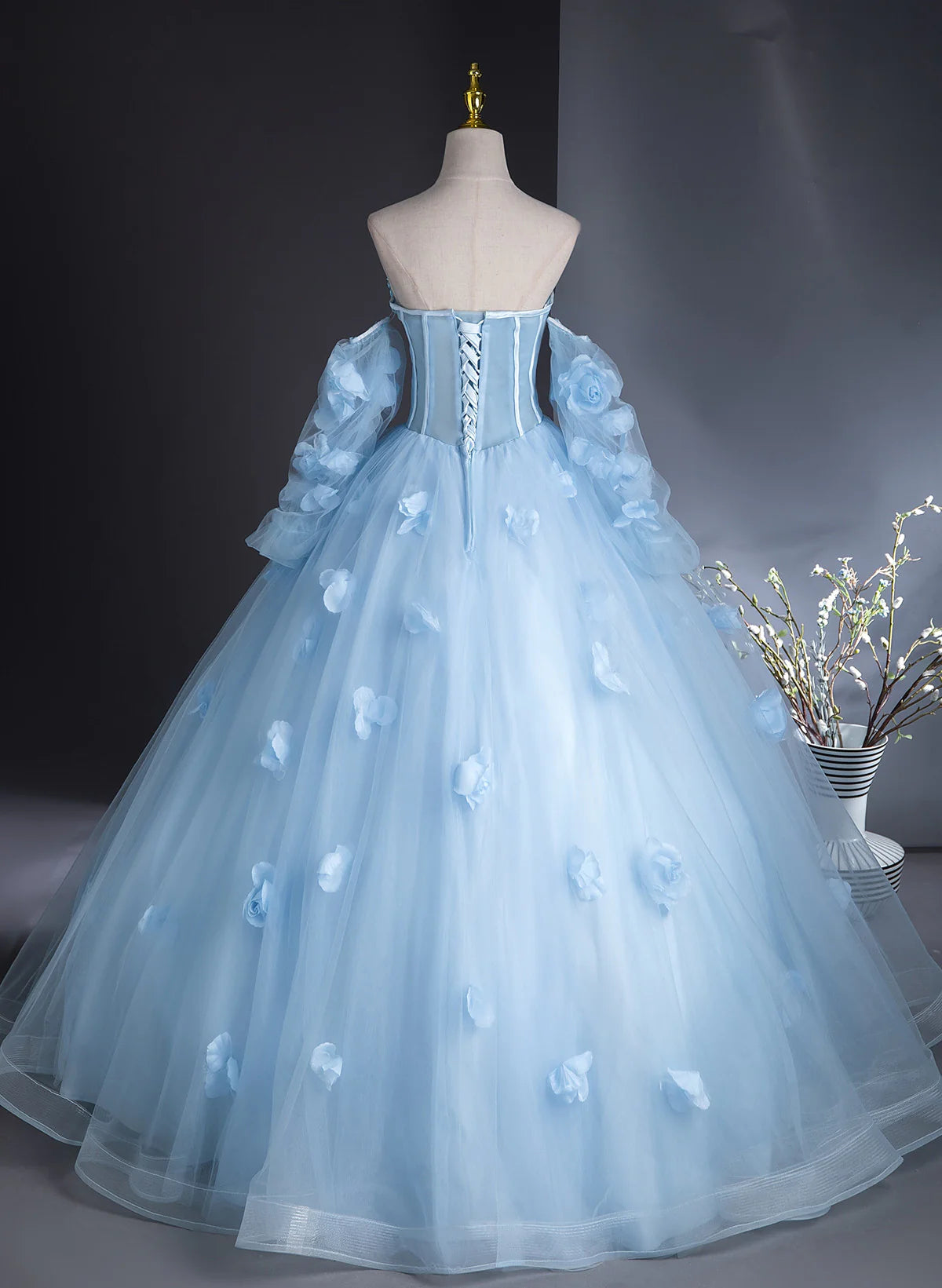 Cute Blue Tulle With Flowers Long Formal Dress, Blue Evening Gown Sweet 16 Dress TP1045