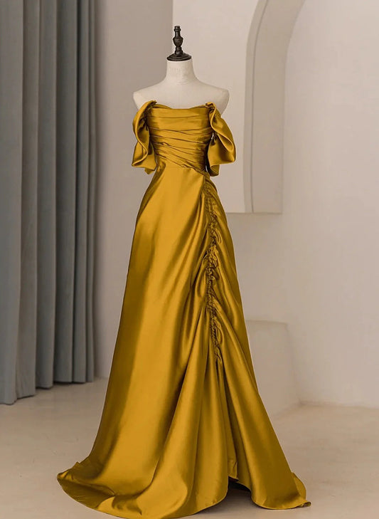Gold Satin Off Shoulder Long Evening Dress, Gold Satin Prom Dress TP1046