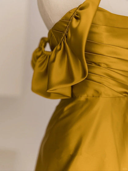 Gold Satin Off Shoulder Long Evening Dress, Gold Satin Prom Dress TP1046