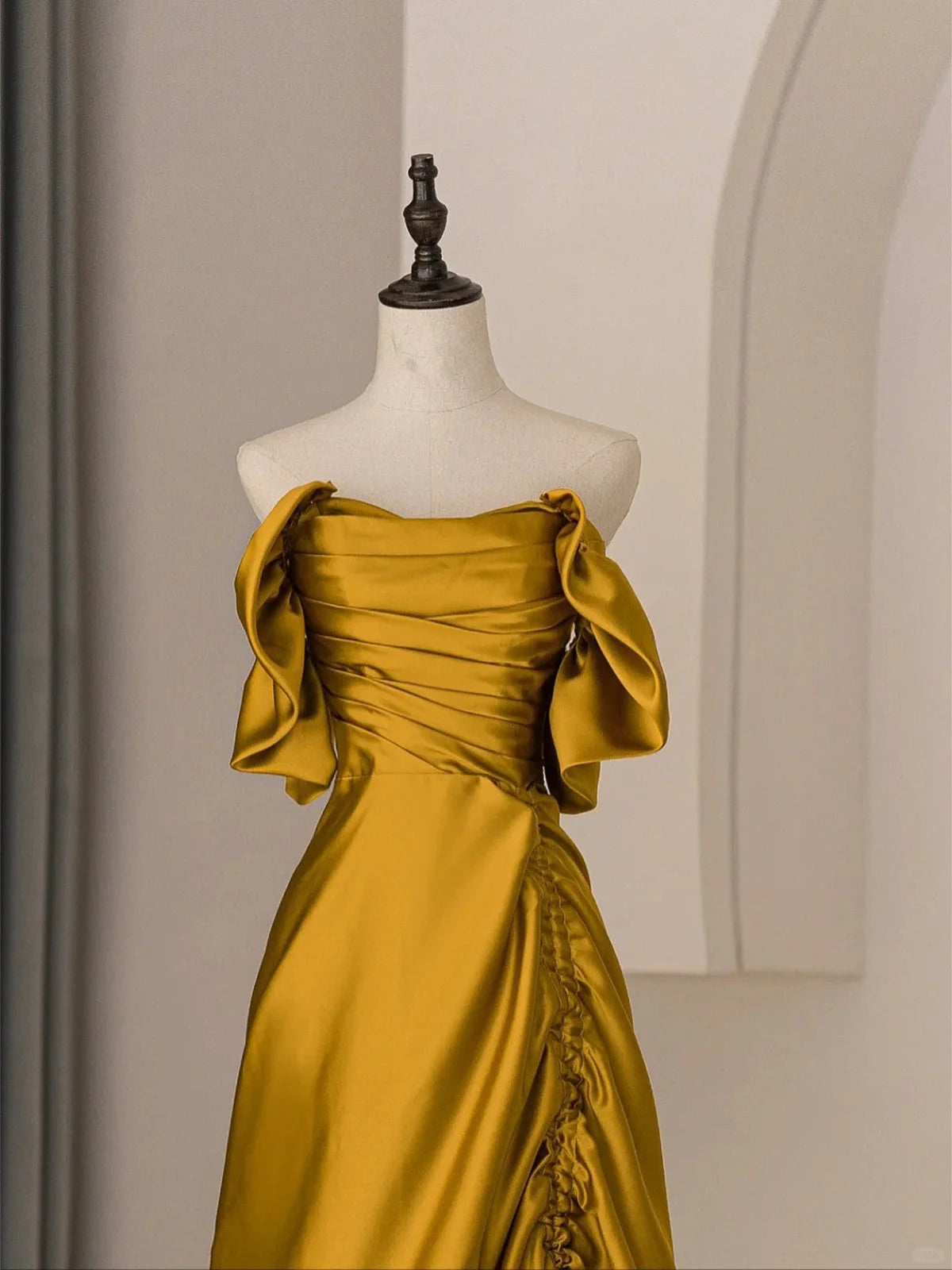 Gold Satin Off Shoulder Long Evening Dress, Gold Satin Prom Dress TP1046