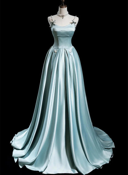 Blue Satin A-line Beaded Long Party Dress Prom Dress, Blue Evening Dress TP1047