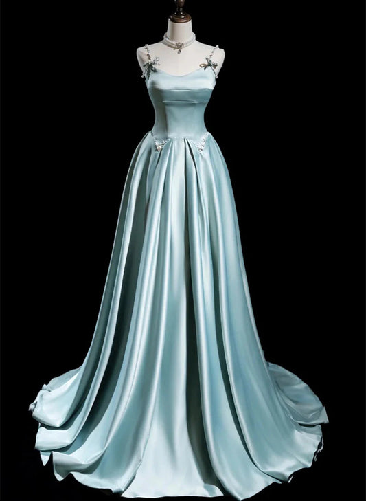 Blue Satin A-line Beaded Long Party Dress Prom Dress, Blue Evening Dress TP1047