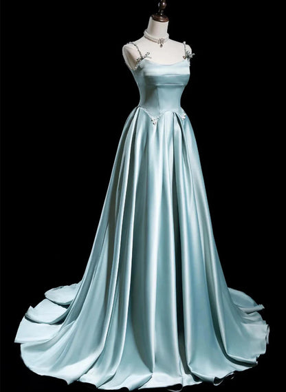 Blue Satin A-line Beaded Long Party Dress Prom Dress, Blue Evening Dress TP1047
