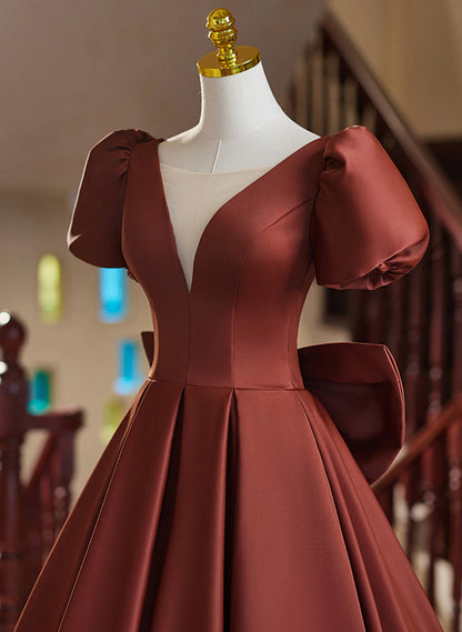 A-line Satin Short Sleeves Long Prom Dress, Satin Simple Evening Dress TP1048
