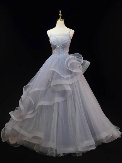 Beautiful Gray Cascading Ruffles Pearl Prom Dress, A-line Spaghetti Straps Sleeveless Backless Formal Dress TP105
