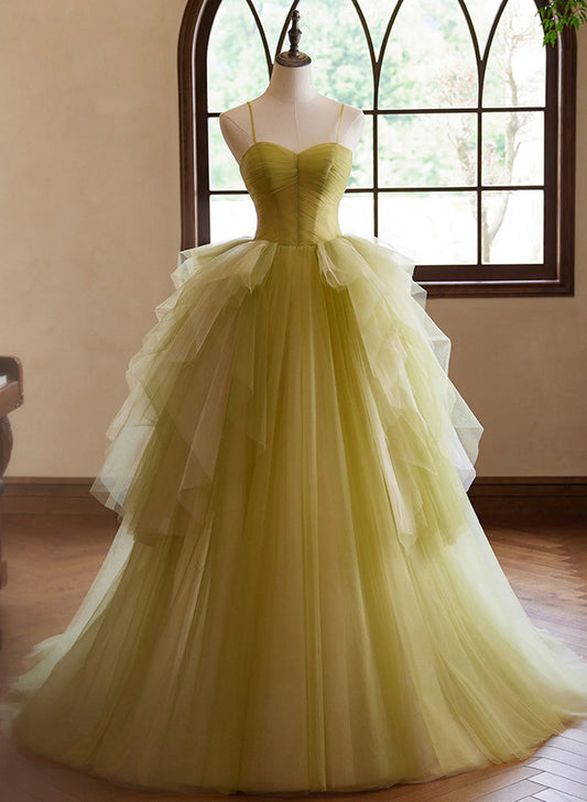 Green Sweetheart Straps Tulle Long Party Dress, Green Tulle Prom Dress TP1051