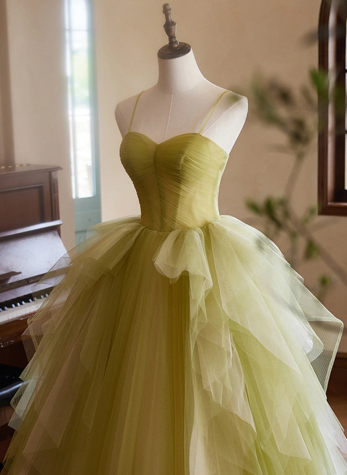 Green Sweetheart Straps Tulle Long Party Dress, Green Tulle Prom Dress TP1051