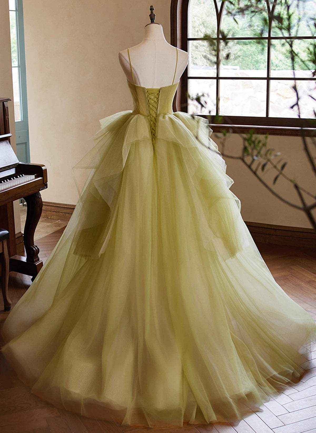 Green Sweetheart Straps Tulle Long Party Dress, Green Tulle Prom Dress TP1051