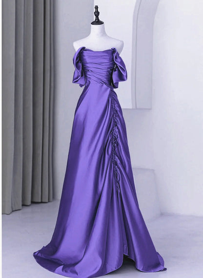Beautiful Purple Satin Off Shoulder Formal Dress, Purple Satin Evening Dress Prom Dress TP1052