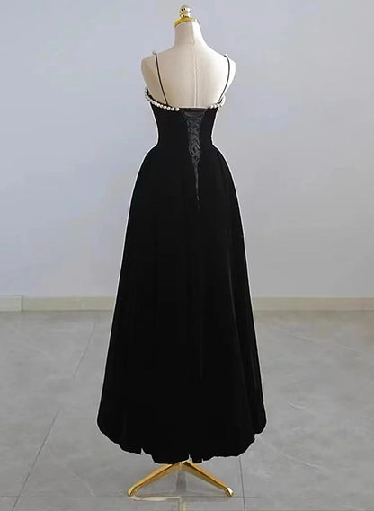 Black Velvet Straps Tea Length Party Dress, Black Velvet Homecoming Dress TP1053
