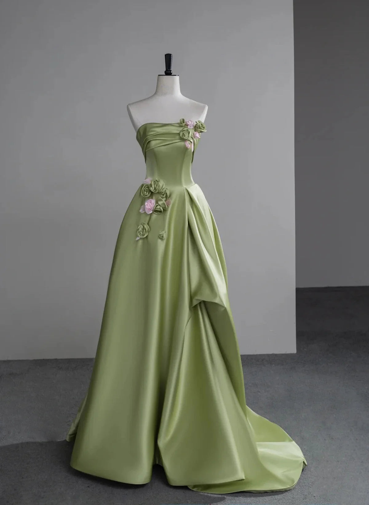 Green A-line Satin with Flowers Long Evening Dress, Green Satin Prom Dress TP1054