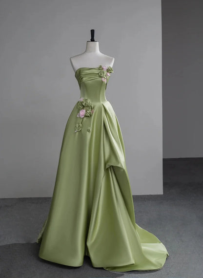 Green A-line Satin with Flowers Long Evening Dress, Green Satin Prom Dress TP1054