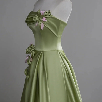 Green A-line Satin with Flowers Long Evening Dress, Green Satin Prom Dress TP1054