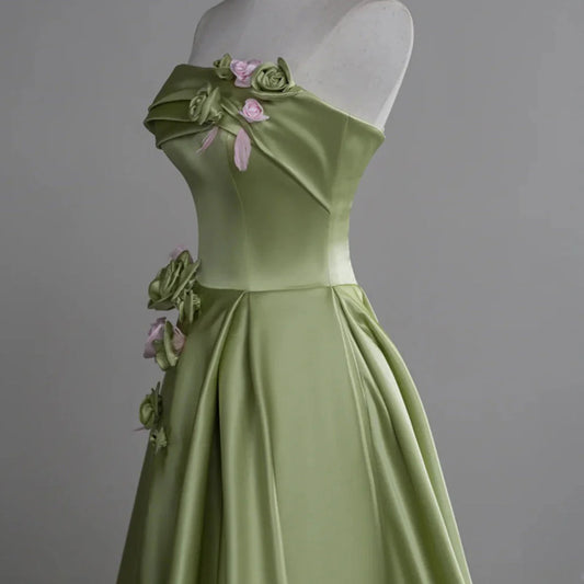 Green A-line Satin with Flowers Long Evening Dress, Green Satin Prom Dress TP1054