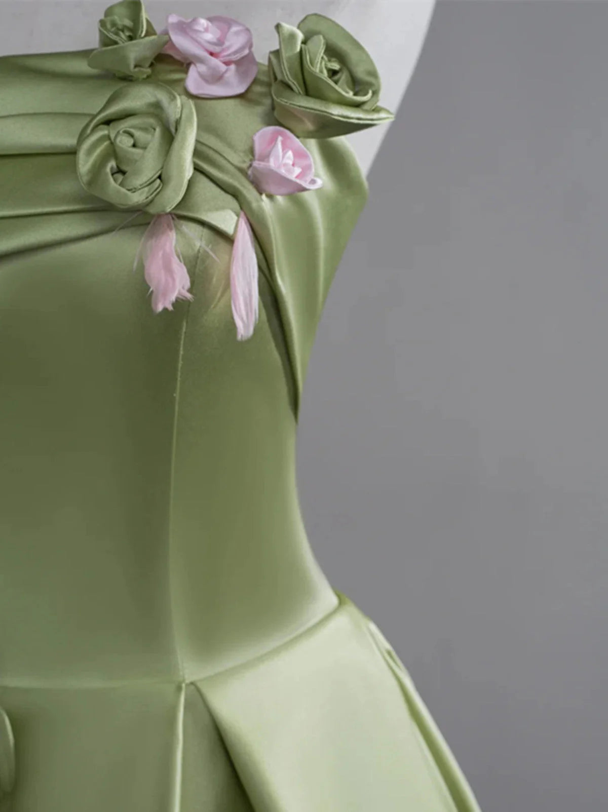 Green A-line Satin with Flowers Long Evening Dress, Green Satin Prom Dress TP1054