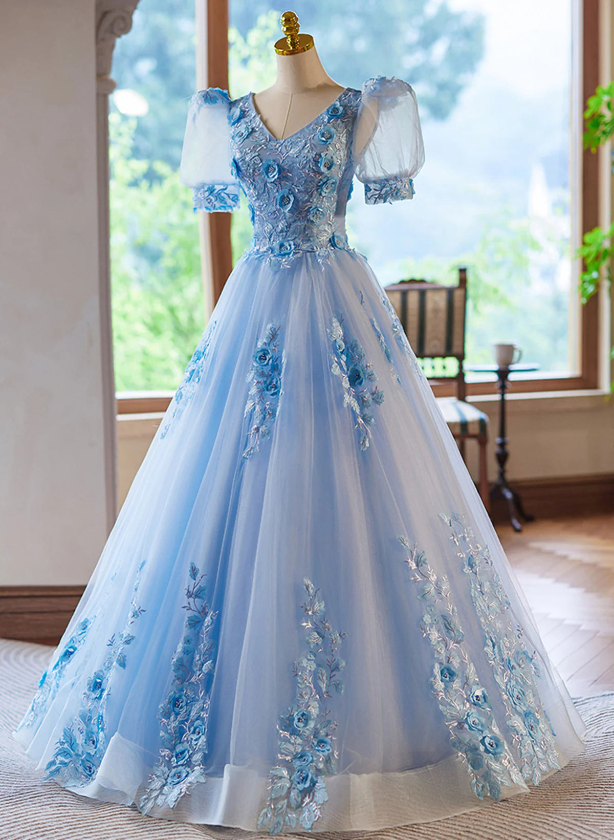 A-Line Light Blue Tulle With Lace Short Sleeves Prom Dress, Tulle Sweet 16 Dress TP1056