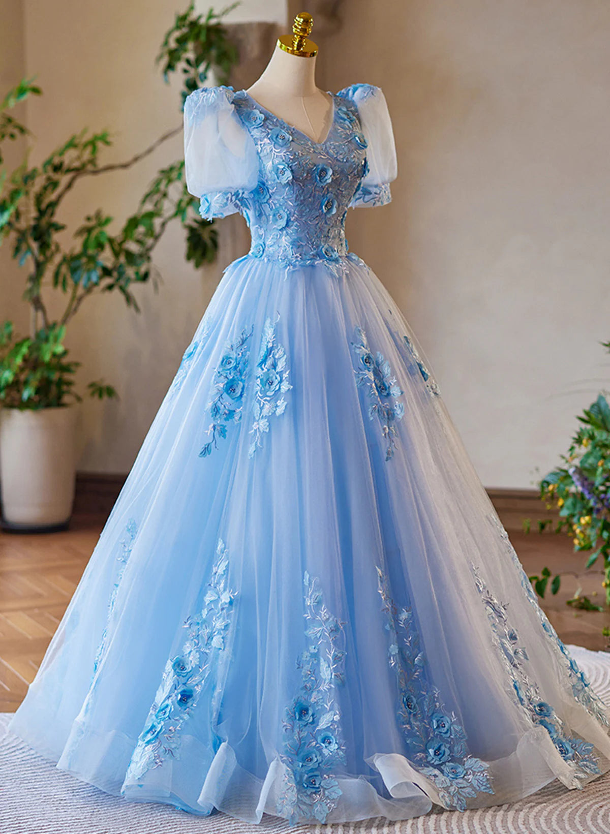 A-Line Light Blue Tulle With Lace Short Sleeves Prom Dress, Tulle Sweet 16 Dress TP1056