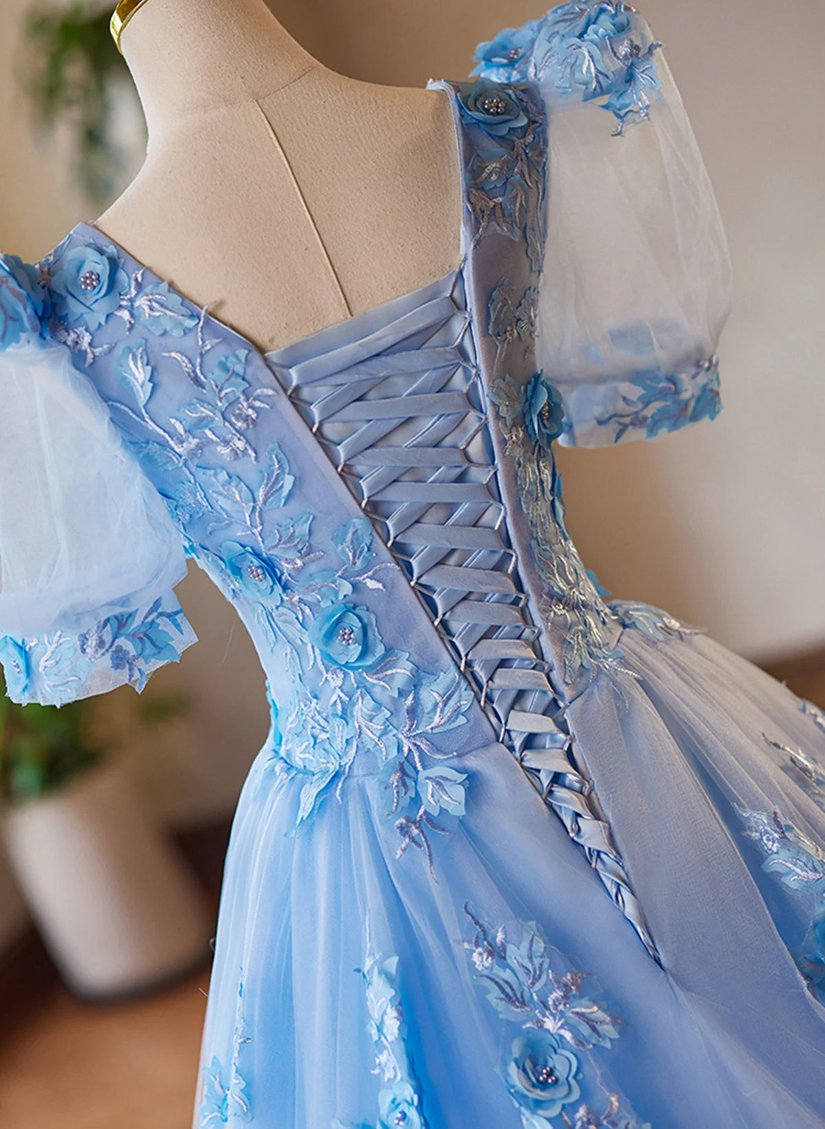 A-Line Light Blue Tulle With Lace Short Sleeves Prom Dress, Tulle Sweet 16 Dress TP1056