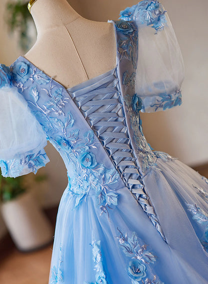 A-Line Light Blue Tulle With Lace Short Sleeves Prom Dress, Tulle Sweet 16 Dress TP1056