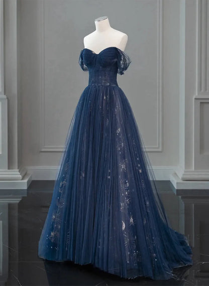 Navy Blue Sweetheart Off Shoulder Tulle Prom Dress, A-line Tulle Formal Dress TP1057
