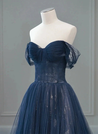 Navy Blue Sweetheart Off Shoulder Tulle Prom Dress, A-line Tulle Formal Dress TP1057