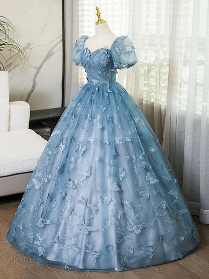 Blue Lace Butterfly Long Prom Dress, Elegant A-Line Short Sleeve Evening Formal Dress TP106