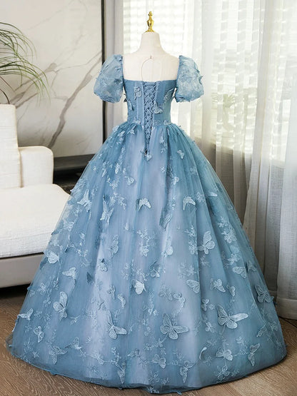 Blue Lace Butterfly Long Prom Dress, Elegant A-Line Short Sleeve Evening Formal Dress TP106