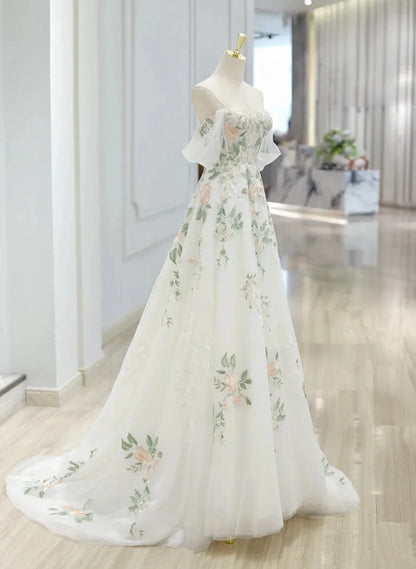 Elegant White Sweetheart Off Shoulder Tulle Wedding Party Dress, White Tulle Evening Dress TP1061