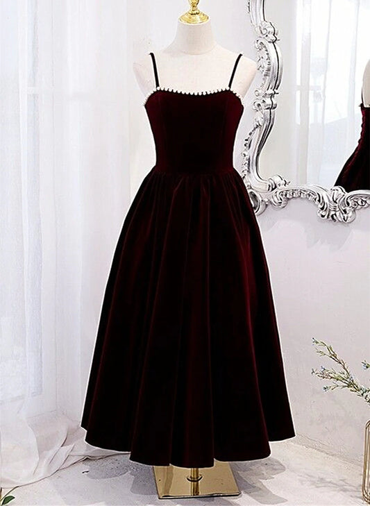 Wine Red Velvet Tea Length Party Dress, Wine Red Straps Homecoming Dress TP1063