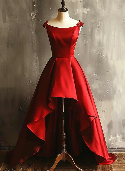 Wine Red Satin High Low Round Neckline Party Dress, Wine Red Homecoming Dress TP1064